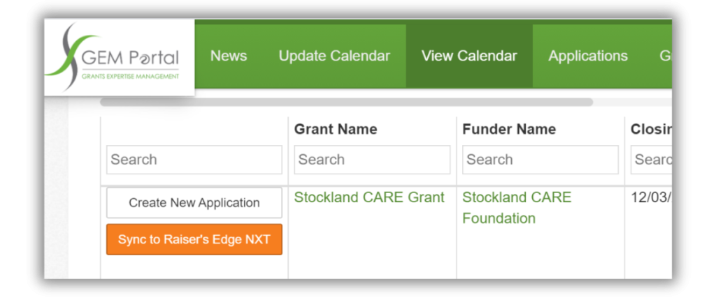 Screenshot of GEMS grants portal syncing with Raiser’s Edge NXT and Salesforce CRMs