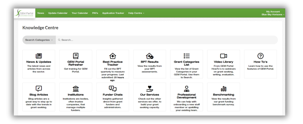 Screenshot of GEMS grants portal - grants knowledge learning centre.